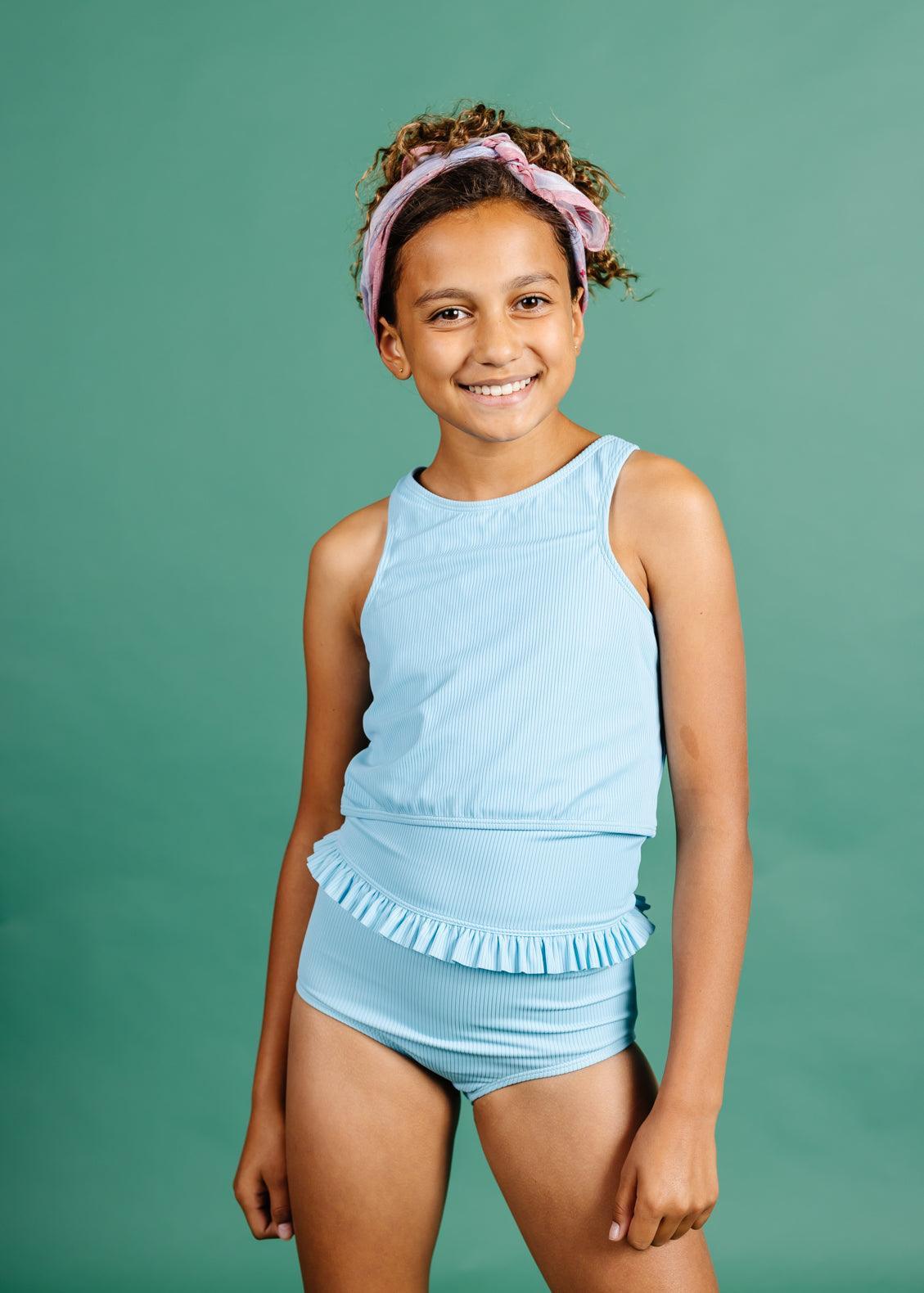 Teen Girl High-Waisted Swimsuit Bottoms - Ribbed Fresh Blue