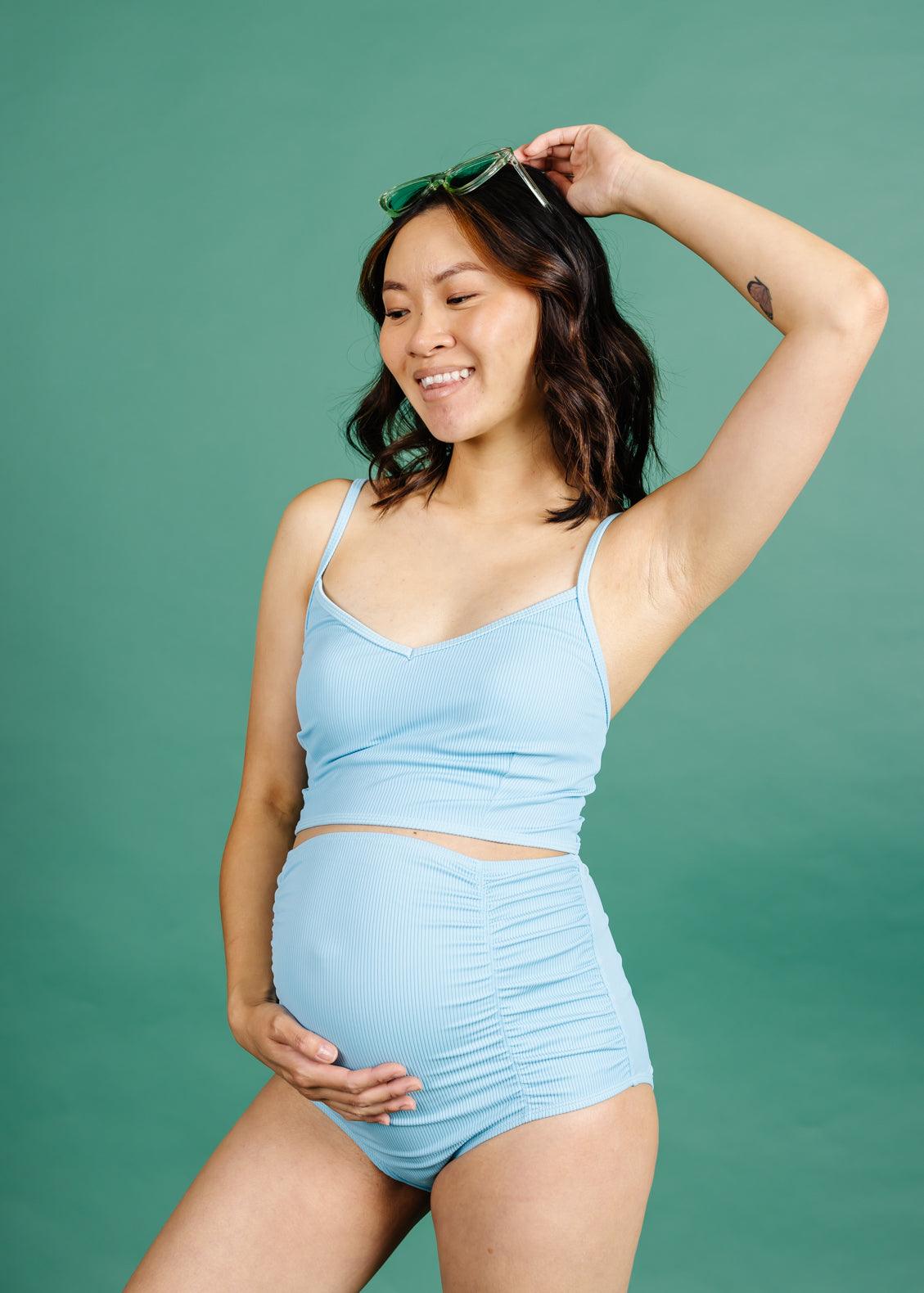 High-Waisted Swimsuit Bottom - Maternity - Ribbed Fresh Blue