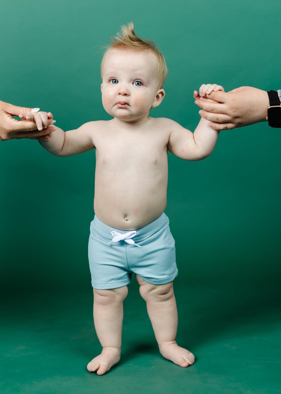 Baby Boy Swimsuit - Shorts - Ribbed Dusty Light Blue