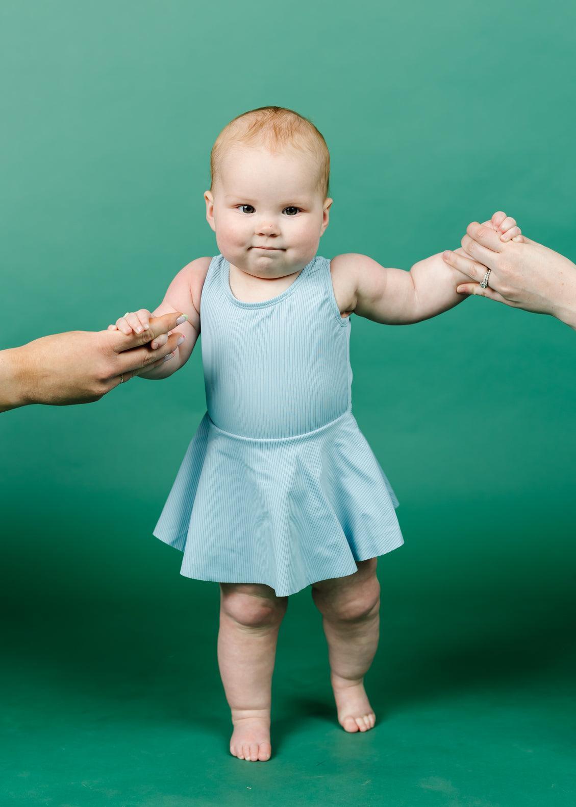 Baby Girl One-Piece Swimsuit - Ribbed Dusty Light Blue