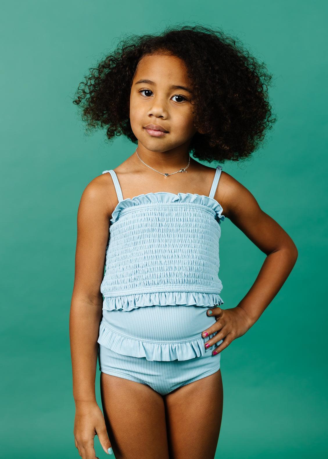 Girls Crop Top Swimsuit - Ribbed Dusty Light Blue