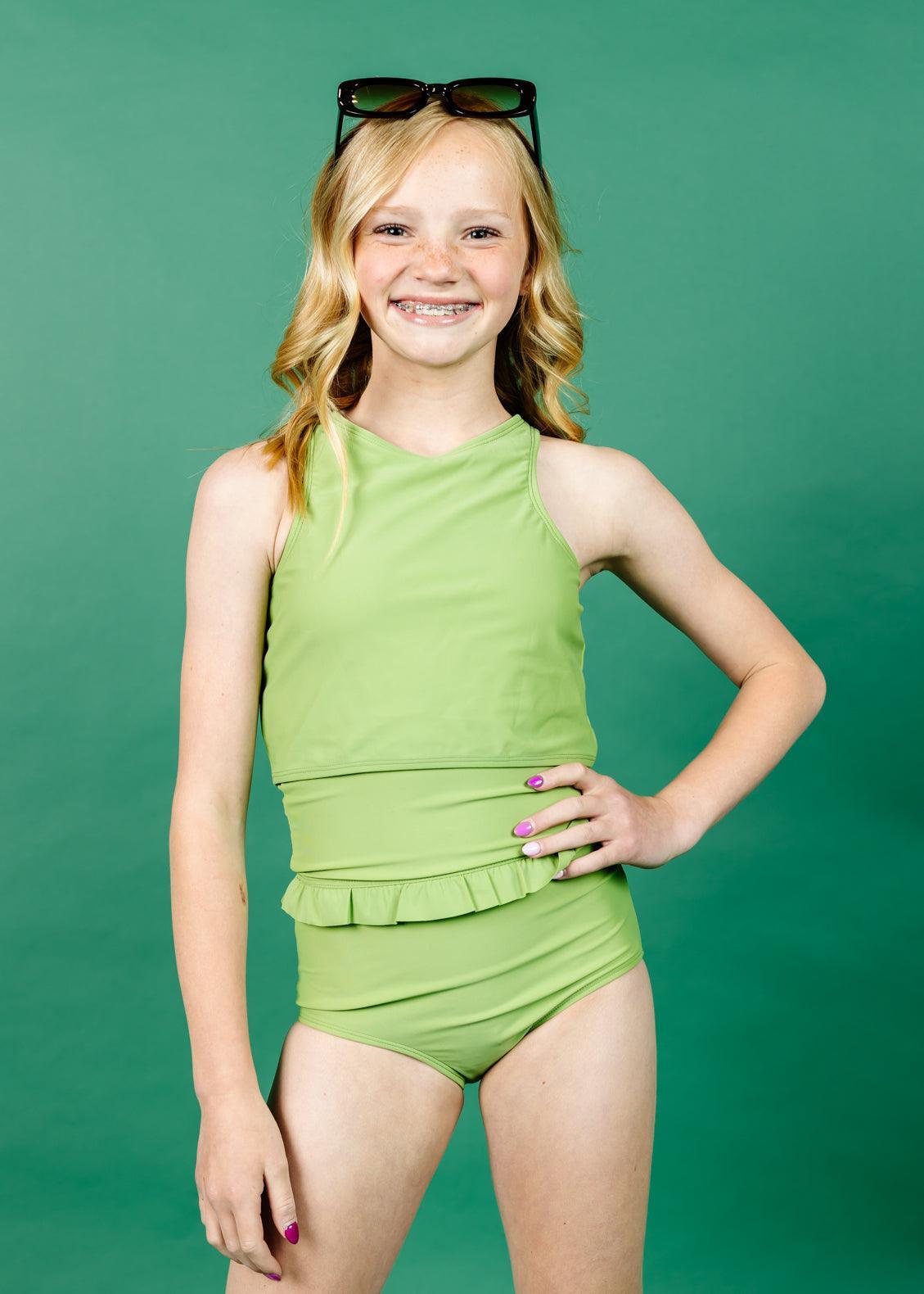 Teen Girl Crop Top Swimsuit - Sweet Pea Green