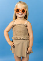 Girls High-Waisted Swimsuit Bottoms - Skirt - Ribbed Sand Brown