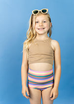 Girls Crop Top Swimsuit - Ribbed Sand Brown
