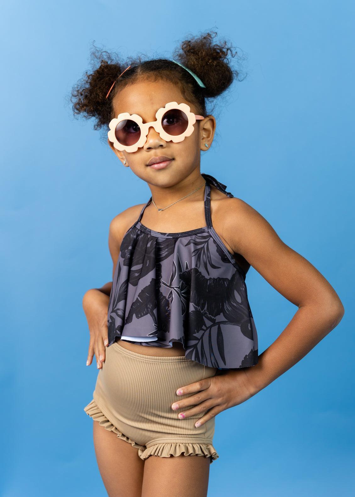 Girls High-Waisted Swimsuit Bottoms - Ribbed Sand Brown