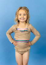Girls Swimsuit Rashguard Crop Top - Ribbed Sand Brown