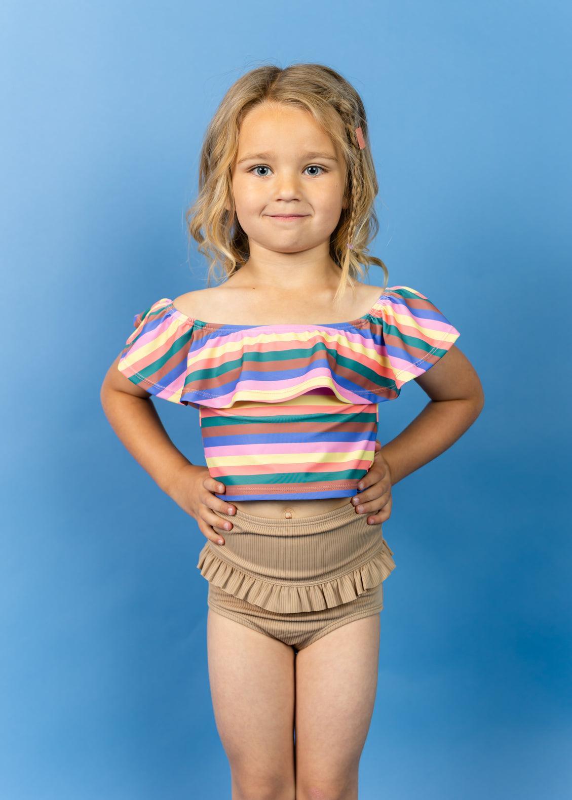 Girls High-Waisted Swimsuit Bottoms - Ribbed Sand Brown