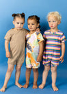 Girl/Boy Swimsuit Shorties Rashguard One-Piece - Ribbed Sand Brown - Papayas - Retro Stripe