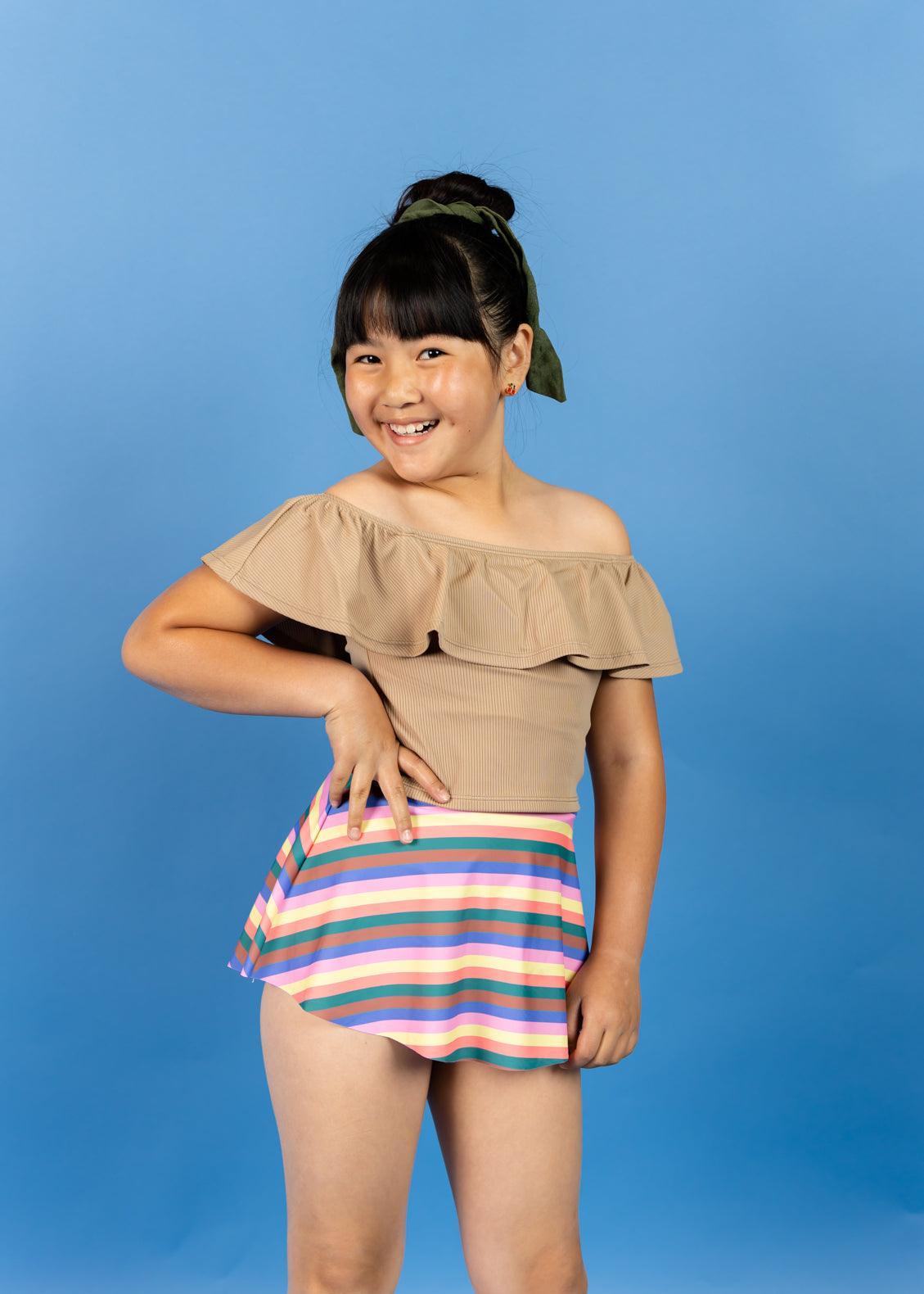 Teen Girl Crop Top Swimsuit - Ribbed Sand Brown