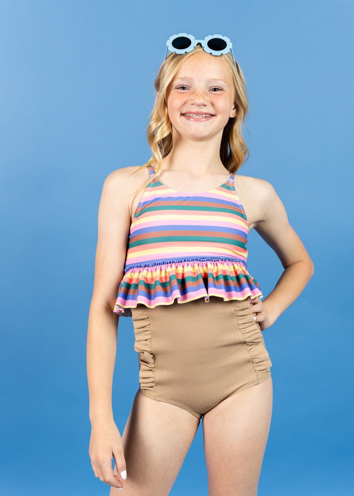 Teen Girl High-Waisted Swimsuit Bottoms - Ribbed Sand Brown