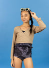 Teen Girl Swimsuit Rashguard Crop Top - Ribbed Sand Brown