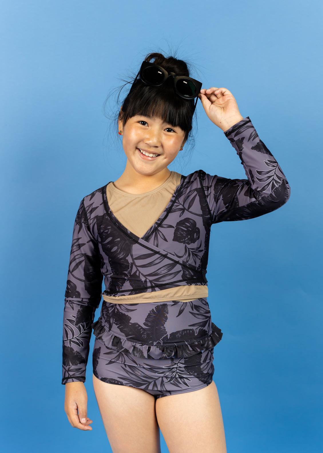 Teen Girl Swimsuit Rashguard Crop Top - Tropical Night