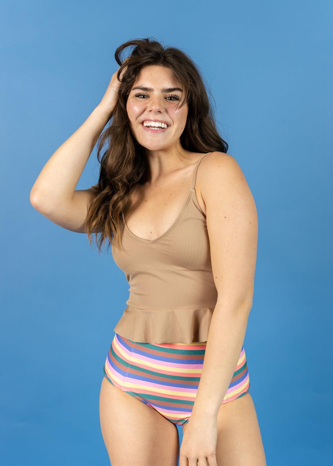 Crop Top Swimsuit - Ribbed Sand Brown